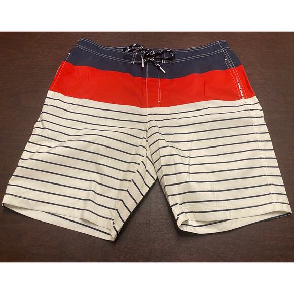 Lands End Red White Blue Stripe Swim Trunk Shorts Pockets Built-in Brief Large - Picture 1 of 11